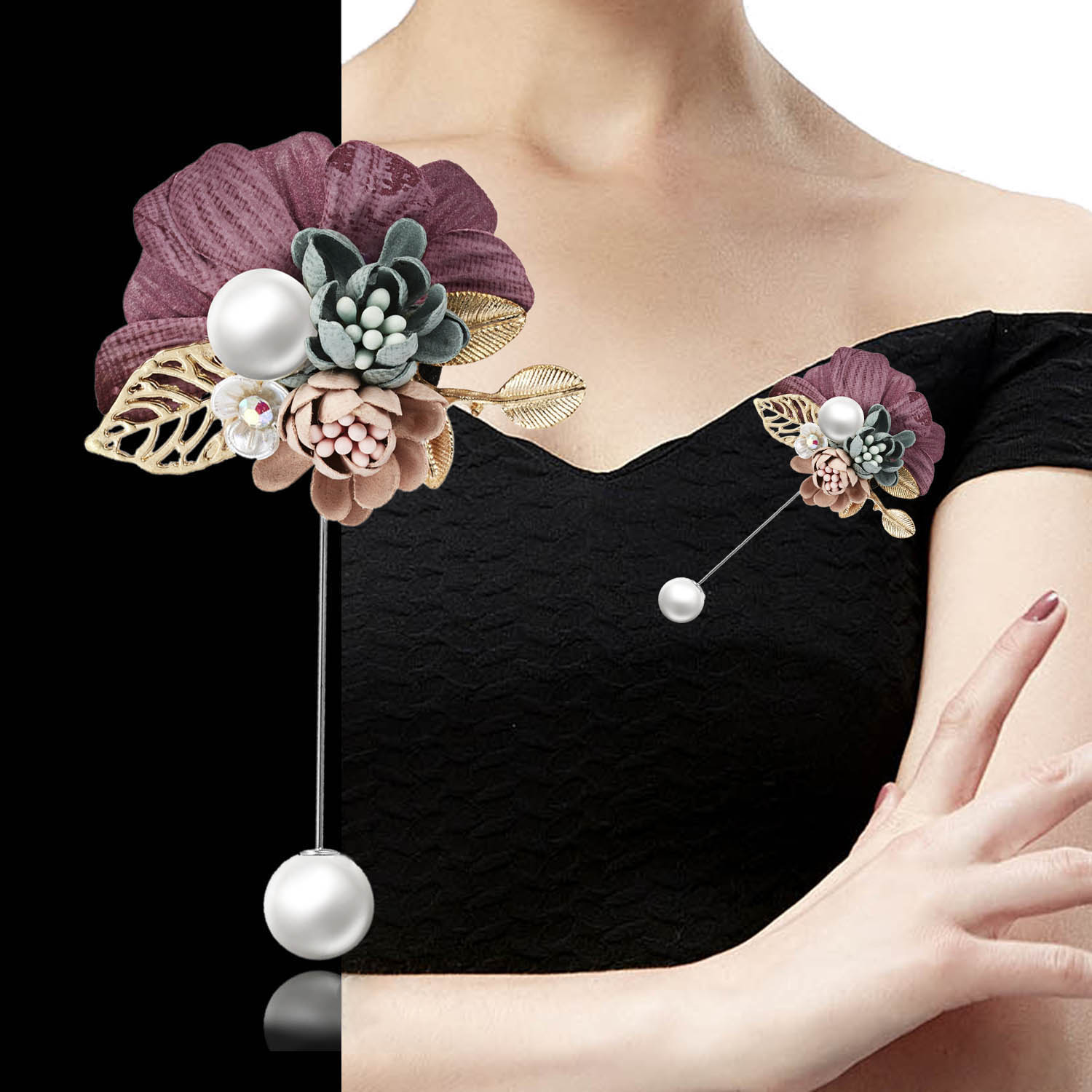 Rinhoo Dames Doek Art Stof Imitatie Parel Bloem Broche Vrouwen Lange Naald Vest Shirt Shawl Pak Badge Revers Pin Sieraden