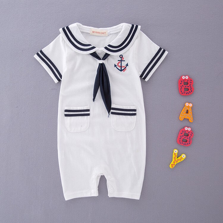 Summer Rompers For Baby Boys Sailor Suit Navy Style Comfortable Baby Clothes Kid Clothing Breathable Year Suit For Boys: White / 3T
