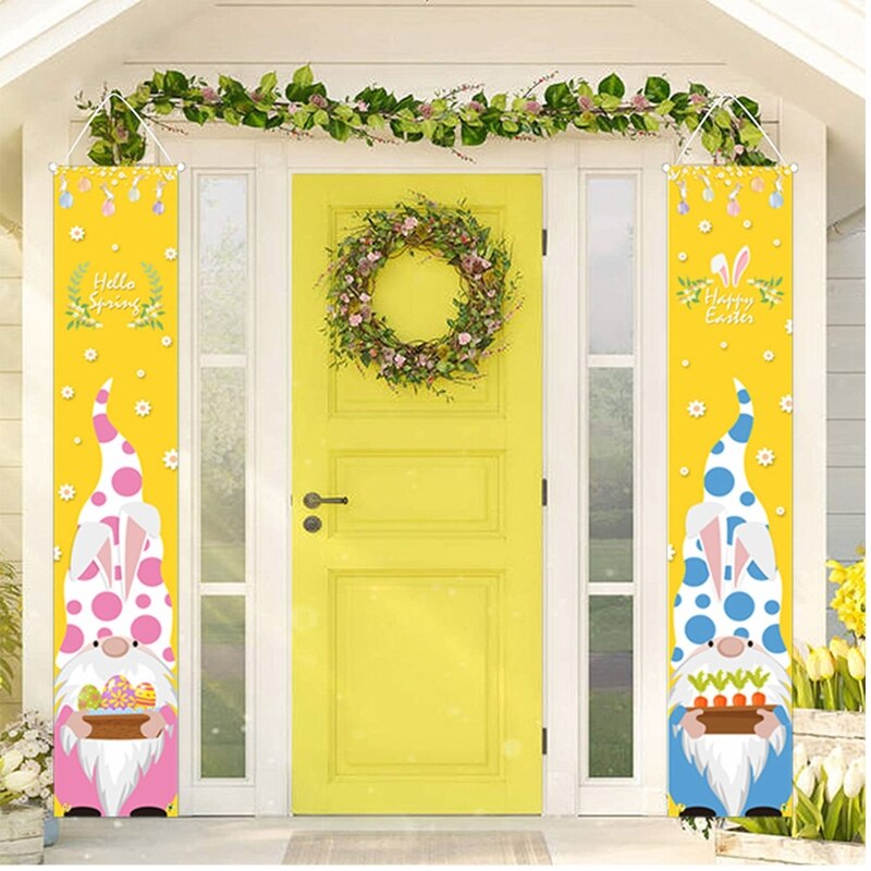 Easter Porch Sign Happy Easter Welcome Hanging Door Sign Bunny Eggs Wall Banner for Yard Home Easter Decoration B03E