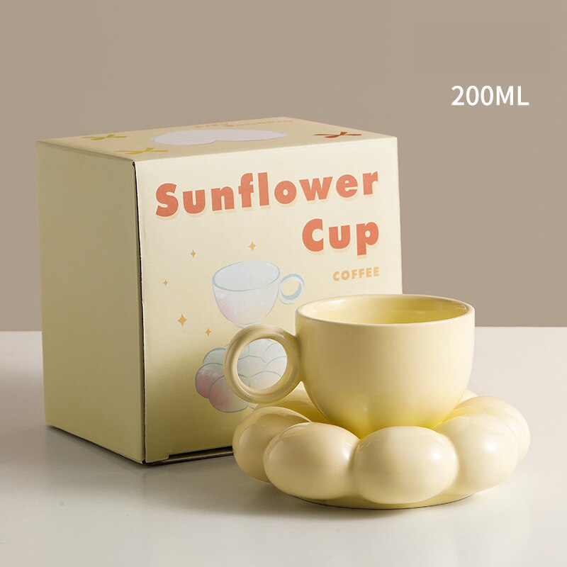 Leuke Zonnebloem Porselein Koffie Kopjes Met Schoteltjes Kawaii Cappuccino Kopjes Caffe Cup Handvat Thee Set Drinkware: A
