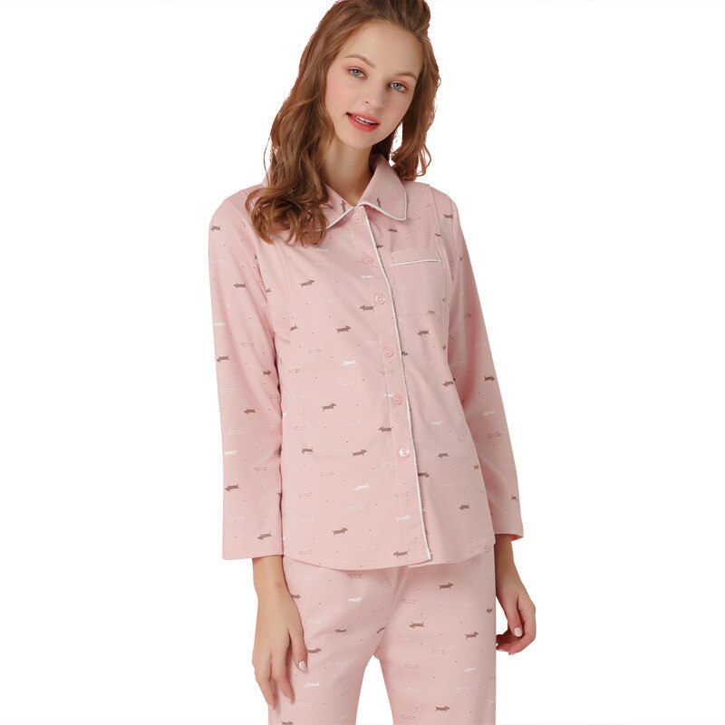 Primavera e no outono grávida pijamas home wear manga comprida yuezi desgaste fora sentado yuezi pós-parto lactação roupas: Rosa / M