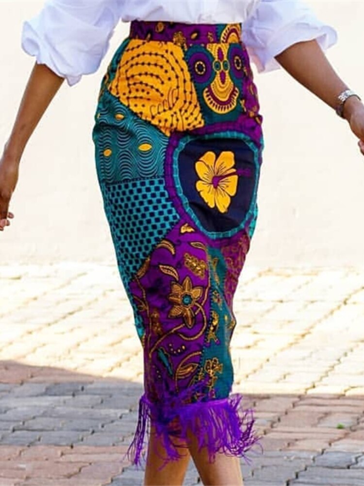 Kvinder sommer print nederdel vintage blomster afrikansk højtalje kvast klassisk beskeden retro jupes falads: S