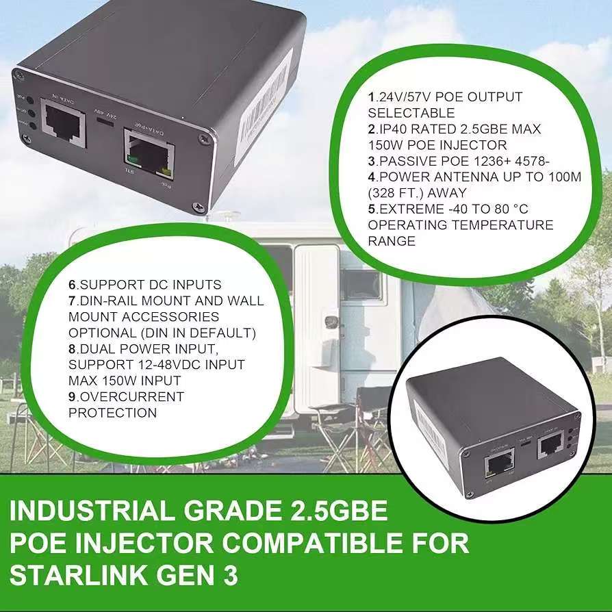 Iniettore PoE 2.5G per Starlink V2/V3 | Max200W | Ingresso 48-57Vdc + uscita PoE 57V | alloggiamento in lega | Montaggio su guida DIN e a parete è opzionale