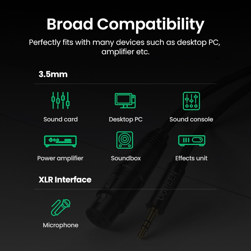 UGREEN XLR to 3.5mm Microphone Audio HiFi Cable XLR Female to Mini Jack Aux Mic Cord for Camcorders DSLR Cameras Computer