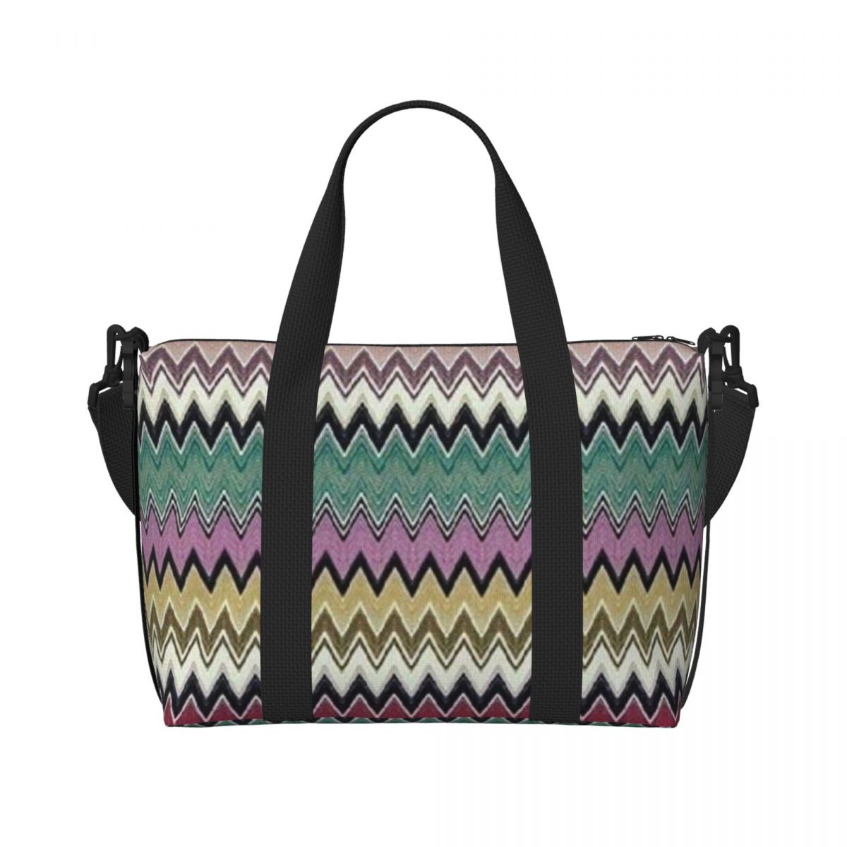 Bolso de mano de playa personalizado Boho Chic moderno en Zigzags para mujer, bolsas de compras de viaje multicolores geométricas para gimnasio Extra grande: Verde
