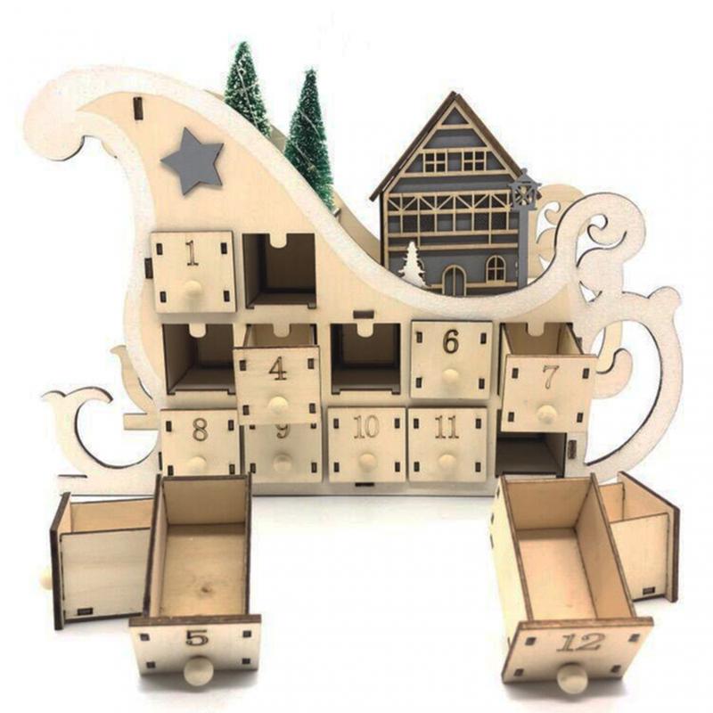 Wooden Advent Calendar Countdown Christmas Party Decor 24 Drawers Christmas LED Light up Decoration Box Advent Calendars