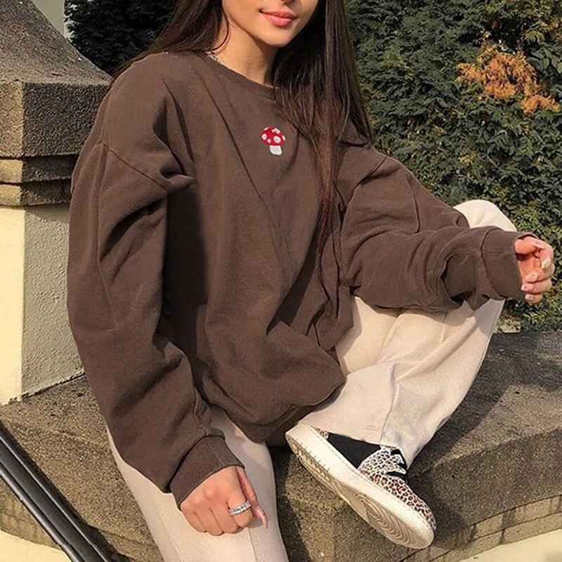 Sweatshirts Streetwear Mode Borduren Paddestoel Indie Esthetische 90S Lange Mouw Truien Grafische Crewneck Kleding: L / brown