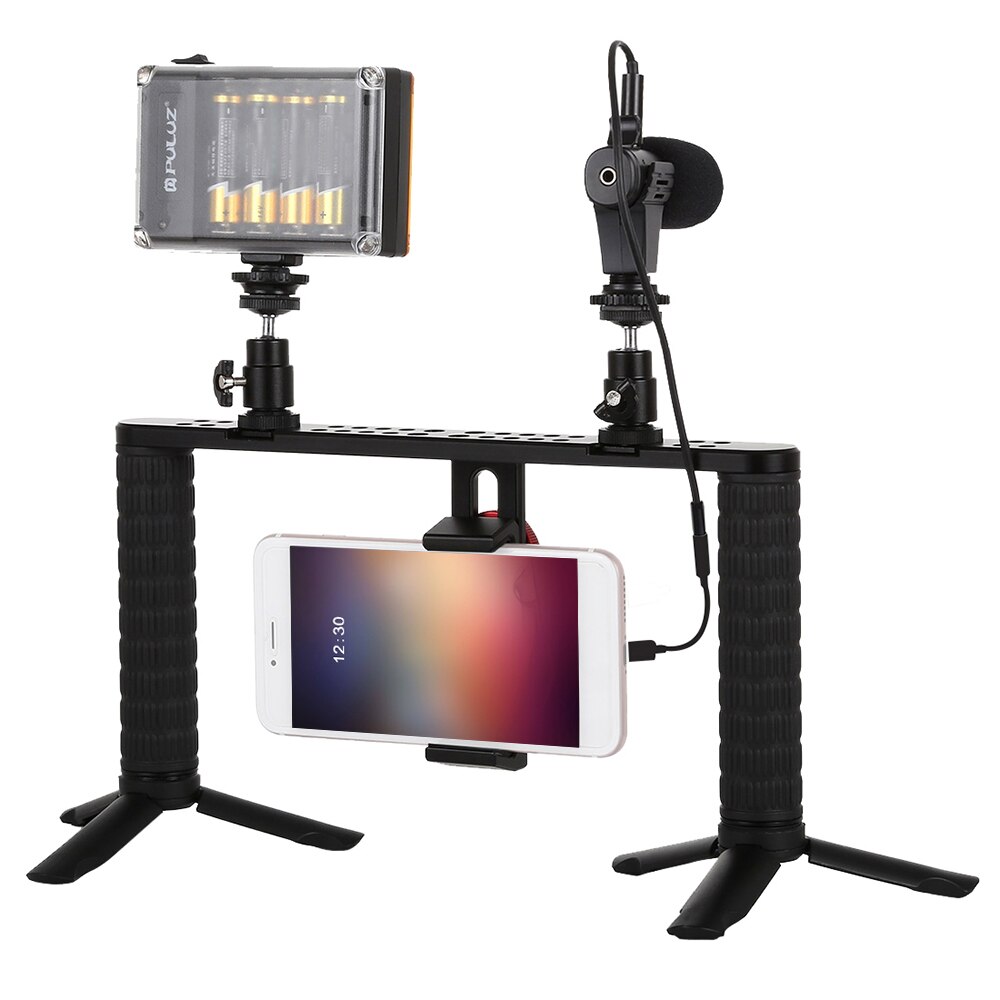 Mobiele Live Set Aluminium Camera Kooi Set met Microfoon + Mini Statief + LED verlichting voor Mobiele Telefoon Live broadcast