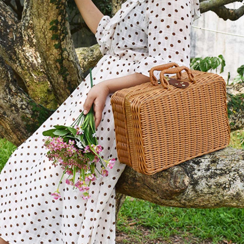 Picknickmand, Geweven Rieten Vintage Koffer Geweven Opslag Mand Rotan Opslag Case Picknick Weave Wasmand