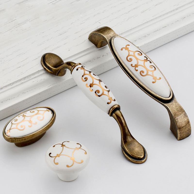 Ceramic Door Handles European Style Crack Kitchen Cabinet Handles Door Knobs And Zinc Alloy Furniture Drawer Push Pull Handles