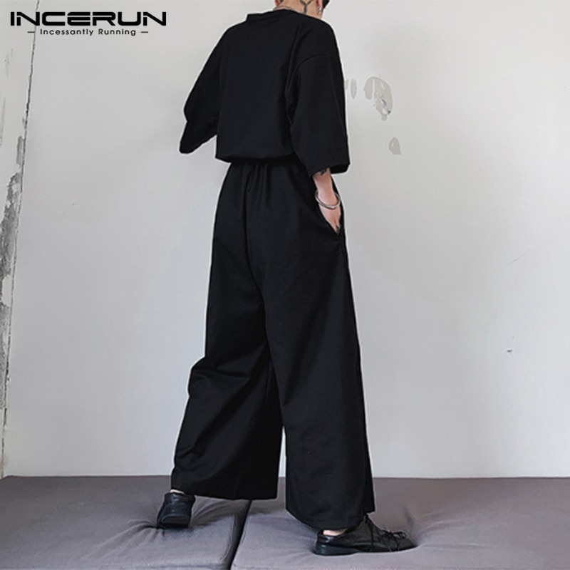 Incerun herre jumpsuit med brede ben solid punk v-hals halværmede overalls streetwear herrebukser baggy afslappede bukser 5xl