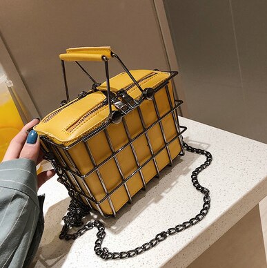 Moda designer bolsas femininas 2020 novo de alta qualidade couro do plutônio bolsa feminina cesta de ferro quadrado bolsa de ombro de corrente saco do mensageiro: Amarelo