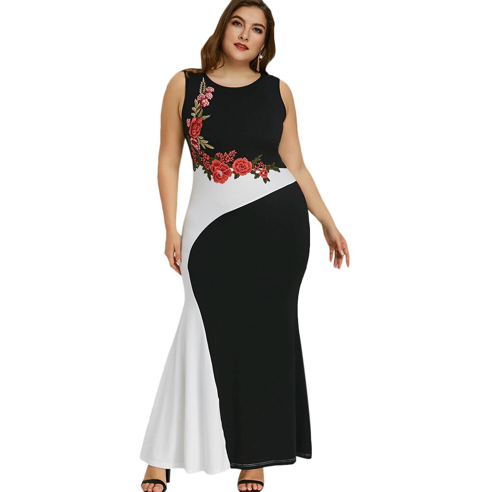 5XL Plus Size Party Dress Women Summer Sleeveless Embroidery Floral Mermaid Formal Dress Black And White Maxi Long Dresses: 5XL