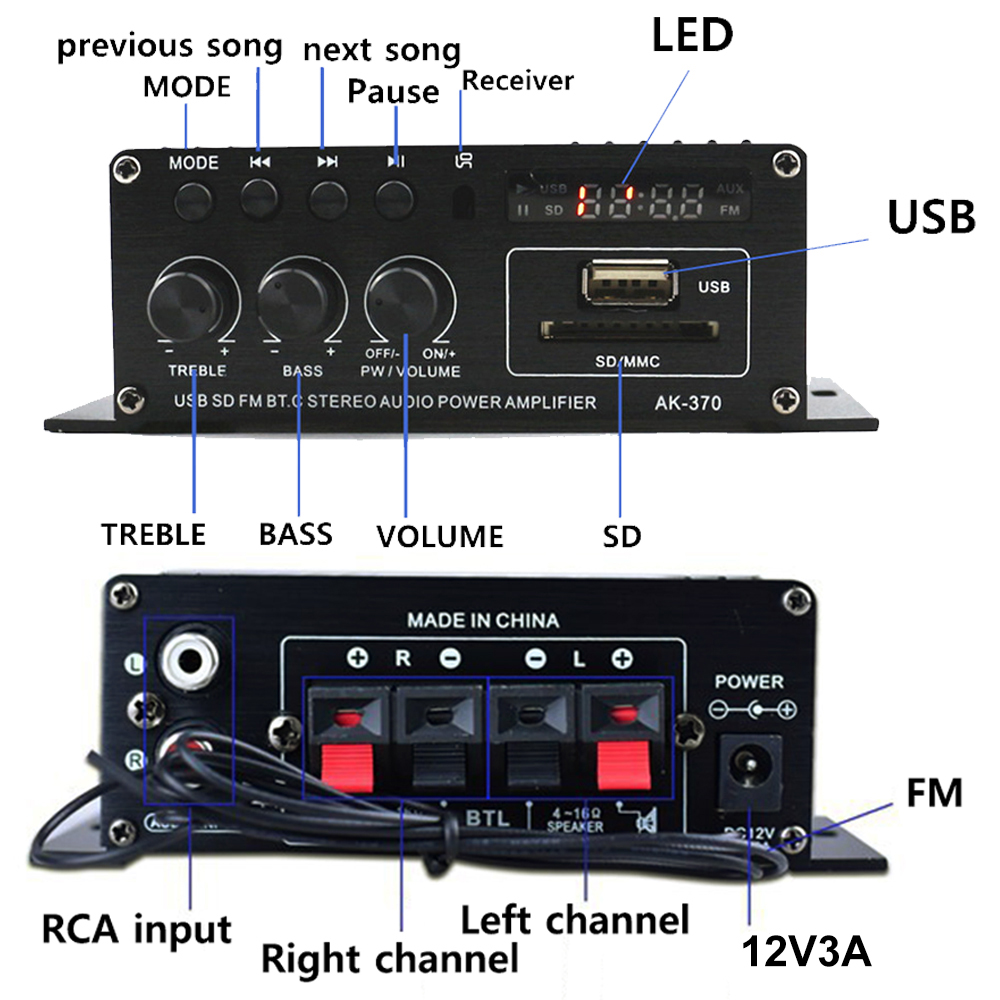 AK370 Bluetooth Verstärker Klang Ampere HIFI 2,0 Kanal Bass und HöHenne Einstellung für RCA SD USB Blitz Antrieb USB Audio- Eingang DC12V