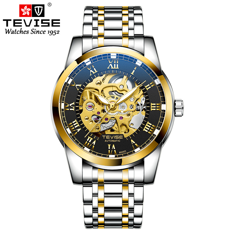 Tevise Horloges Roestvrij Staal Waterdicht Heren Skeleton Horloges Top Luxe Transparante Mechanische Sport Mannelijke Horloges: gold black