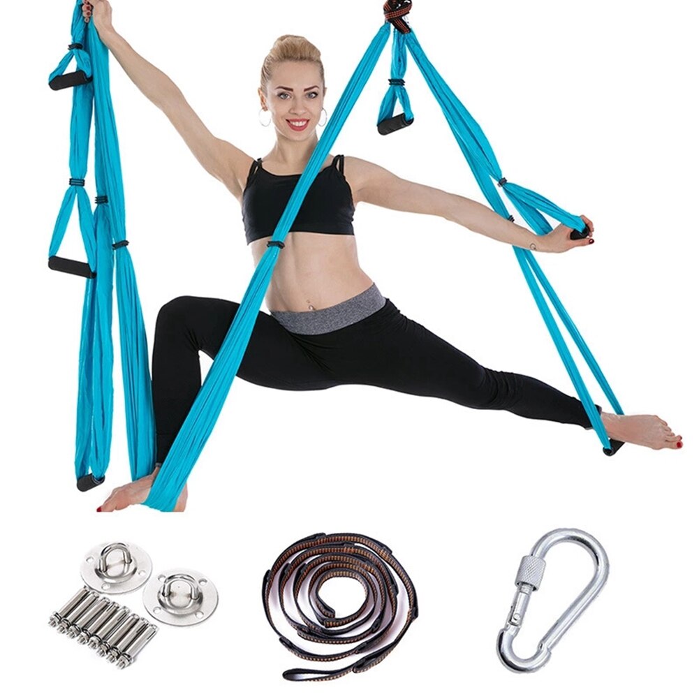 Full Set 2.5*1.5m Aerial Yoga Hammock Anti-Gravity Nylon Flying Swing Pilates Home GYM Hanging Belt Ceiling Plates: Sky blue