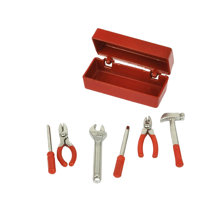 1 set dockhusminiatyrverktygslåda 【verktygslåda +6 verktyg】handgjorda verktygsset modellmöbler tillbehör dockhusdekor leksaker
