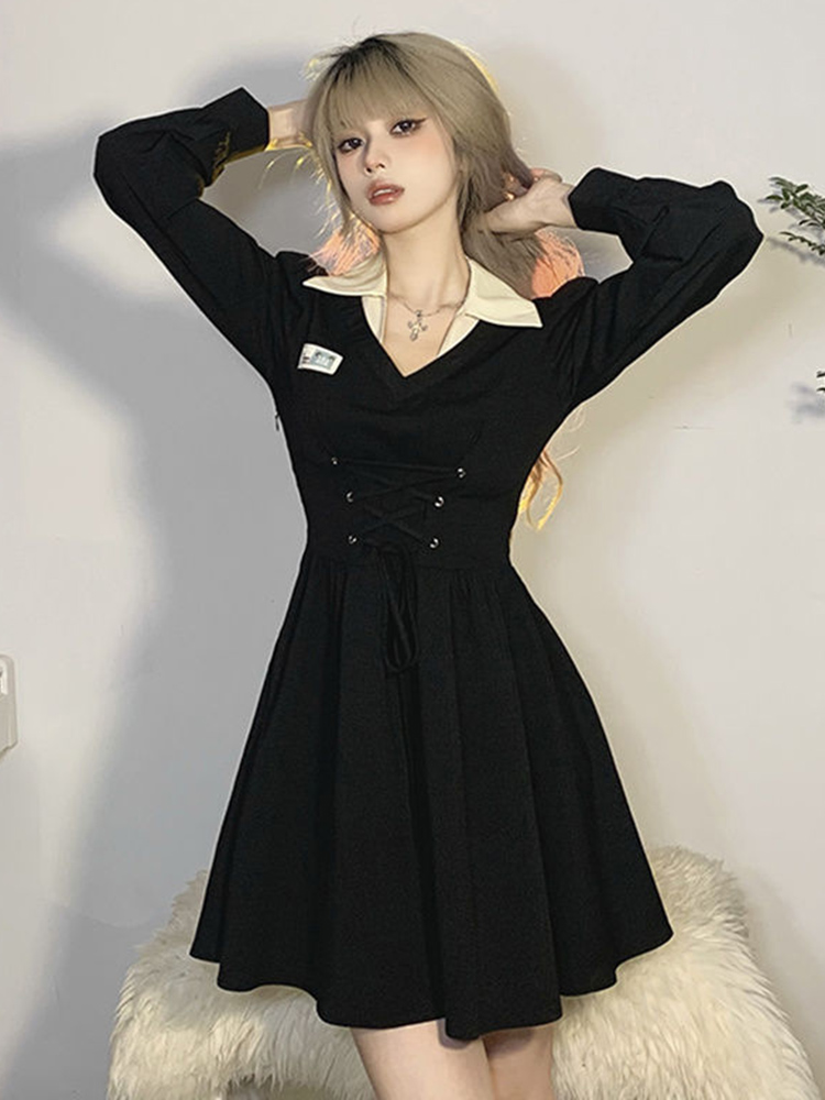 Zoki koreansk oversize 4xl sort kjole til kvinder snørebånd preppy kjole afslappet retro minikjole med a-linje og nedadgående krave