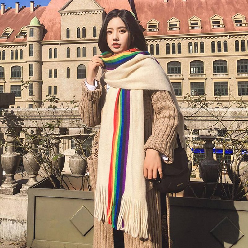 Chal bufanda de gran tamaño a rayas LGBT arco iris para mujer con borlas envolturas de Manta abrigadas de invierno 190*40cm