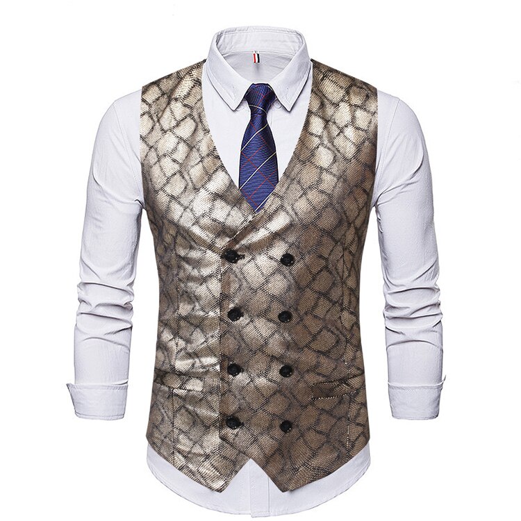 Luksus jakkesæt med slangeprint til mænd afslappet guld bronzing dobbeltradet ærmeløs vest natklub chalecos para hombre: Gylden / L