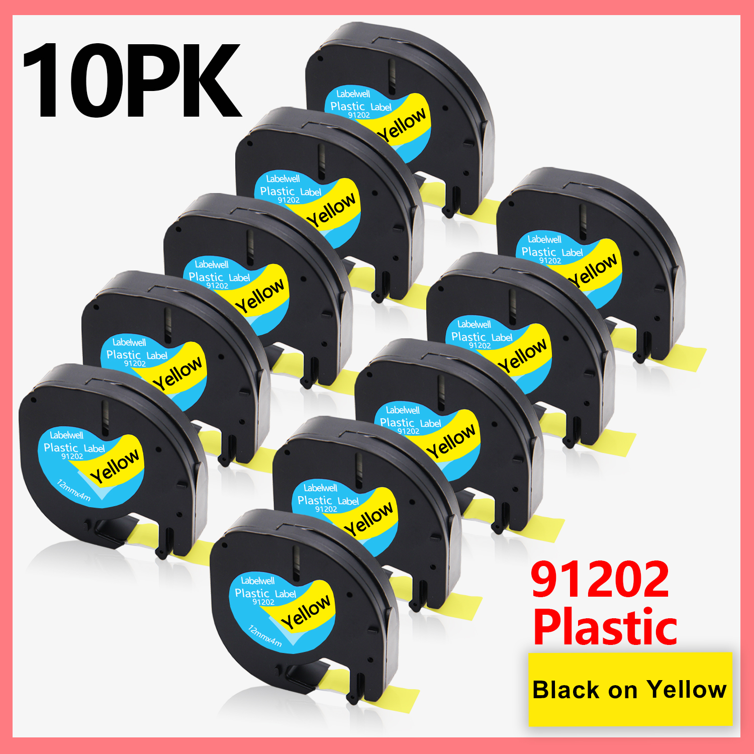 10PK Compatible Dymo LetraTag 91201 91202 12267 91200 91203 91204 91205 Plastic Label Tapes 12mm*4M for Dymo LT-100H LT-100T XR: 10PK Black on Yellow