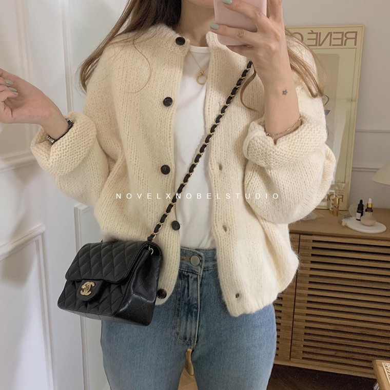 Oversize dametrøjer efterår vinter sweater vintage knapper o hals cardigans enkeltradet pufærm løs cardigan