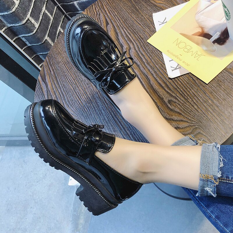 Oxford sko kvinde tyk bund platform frynser kvast kvinder sko loafers kvindelige lejligheder lak læder slip on dame sko