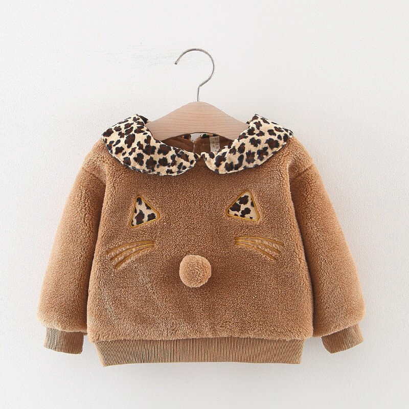Vinter varm bebis flickor tecknad katt leopard kavajkrage förtjocka fleece sweatshirts barn barn huvtröjor ytterkläder: Brun / 6m