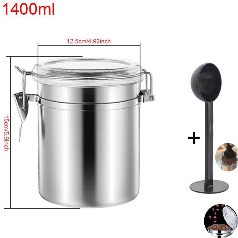Stainless Steel Airtight Coffee Jar Canister 700ml/1400ml Coffee Beans Tea Coffee Container Storage Canister Set With Spoon: Silver 1400ml