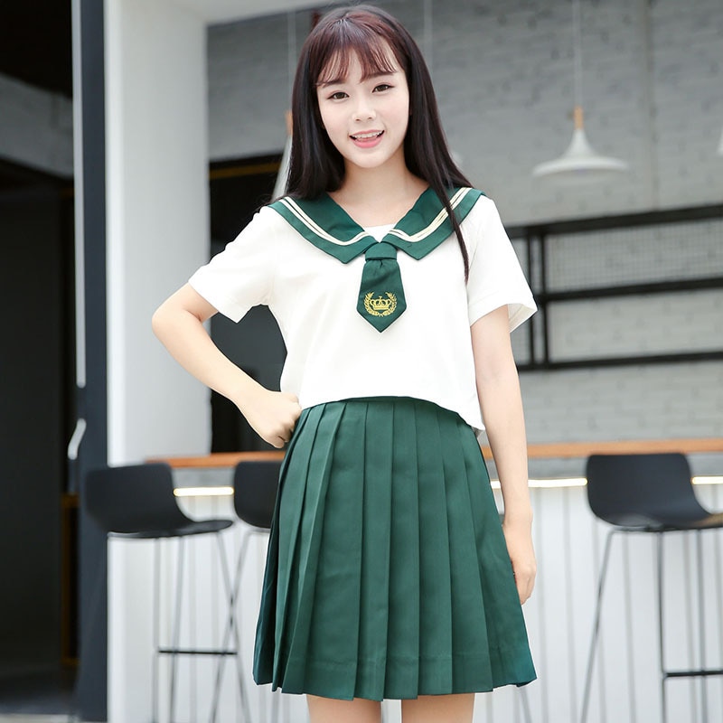 Uniforme de estudiante japonés Jk, traje de Sailor verde, Falda plisada de Cosplay universitario, traje de manga corta con lazo, S-XXL
