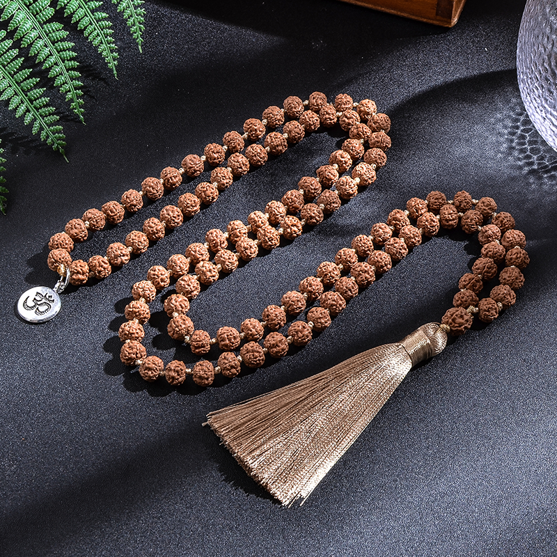 7-8mm original rudraksha frisado atado japamala colar pulseira conjunto meditação yoga bênção jóias 108 mala rosário: Cor de aço