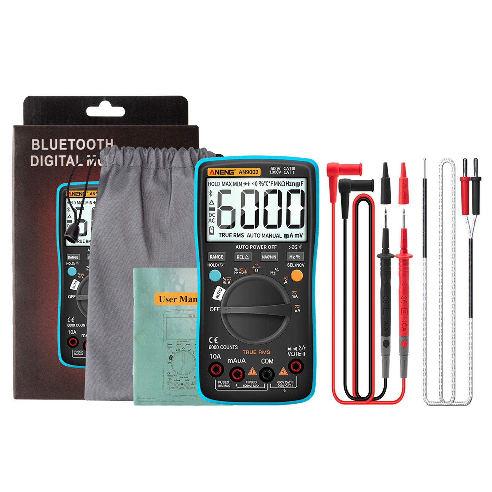 jakiś9002 cyfrowy multimetr Bluetooth 6000 zlicza profesjonalny MultimetroTrue RMS AC/DC woltomierz automatyczny-zakres: niebieski zestaw A
