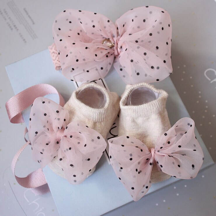 Lovely Baby Girl Socks and Headband Set Flower Bowknot Crown Headwrap + Booties Socks 2Pcs Set