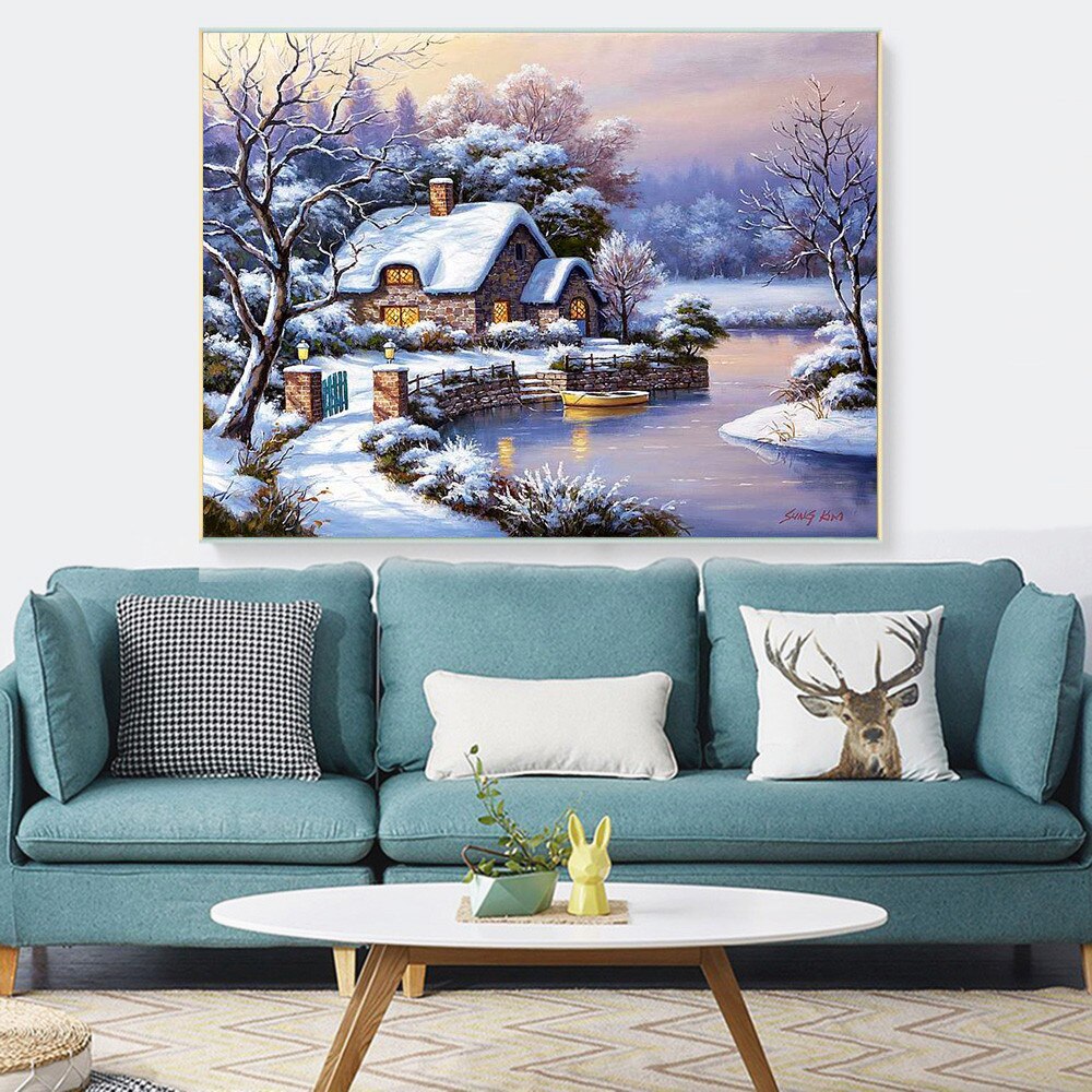 Huacan Kruissteek Borduren Winter Landschap Katoenen Draad Schilderen Diy Handwerkpakketten 14CT Winter Home Decoratie