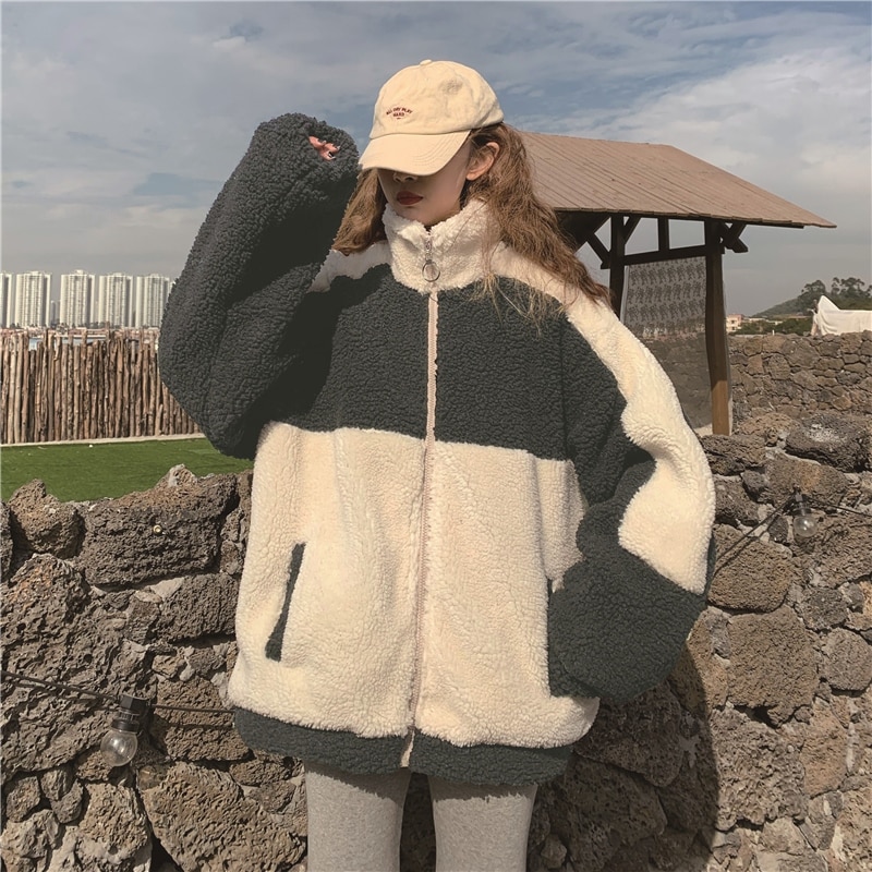 Imiteret pels frakke kvinder efterår vinter varm blød lynlås pels patchwork jakke kvindelig plys overfrakke lomme afslappet outwear