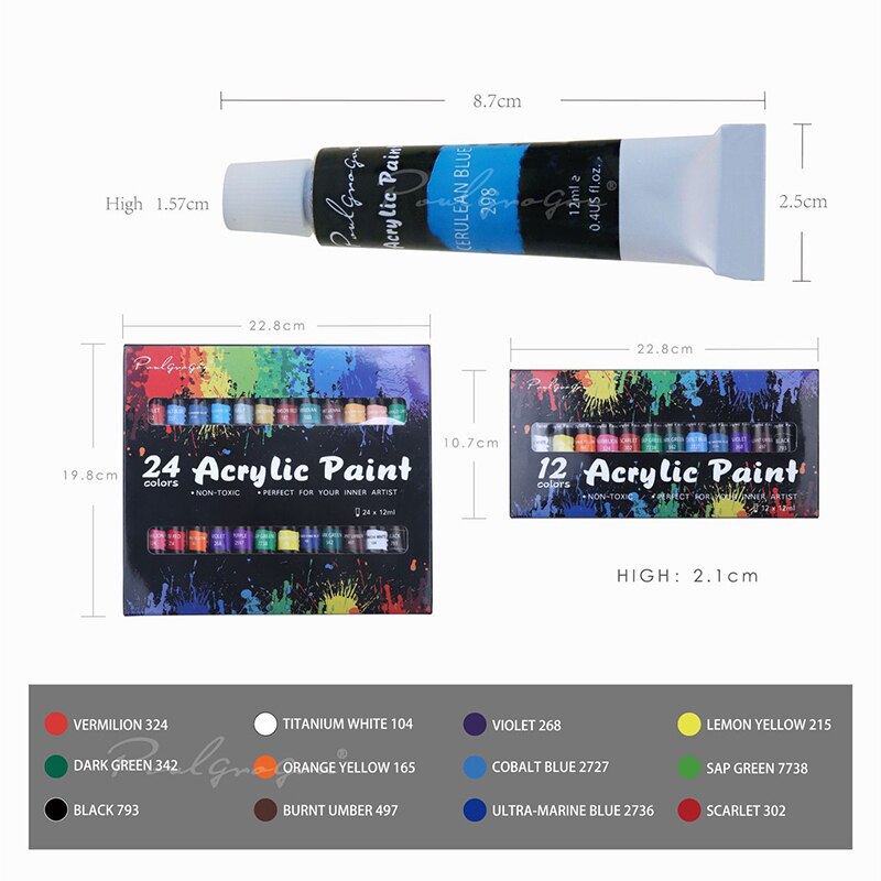 12/24 Color Acrylic Paint Set Home DIY Painting Drawing Pigment Art For Craft Artist 12ml Tubes