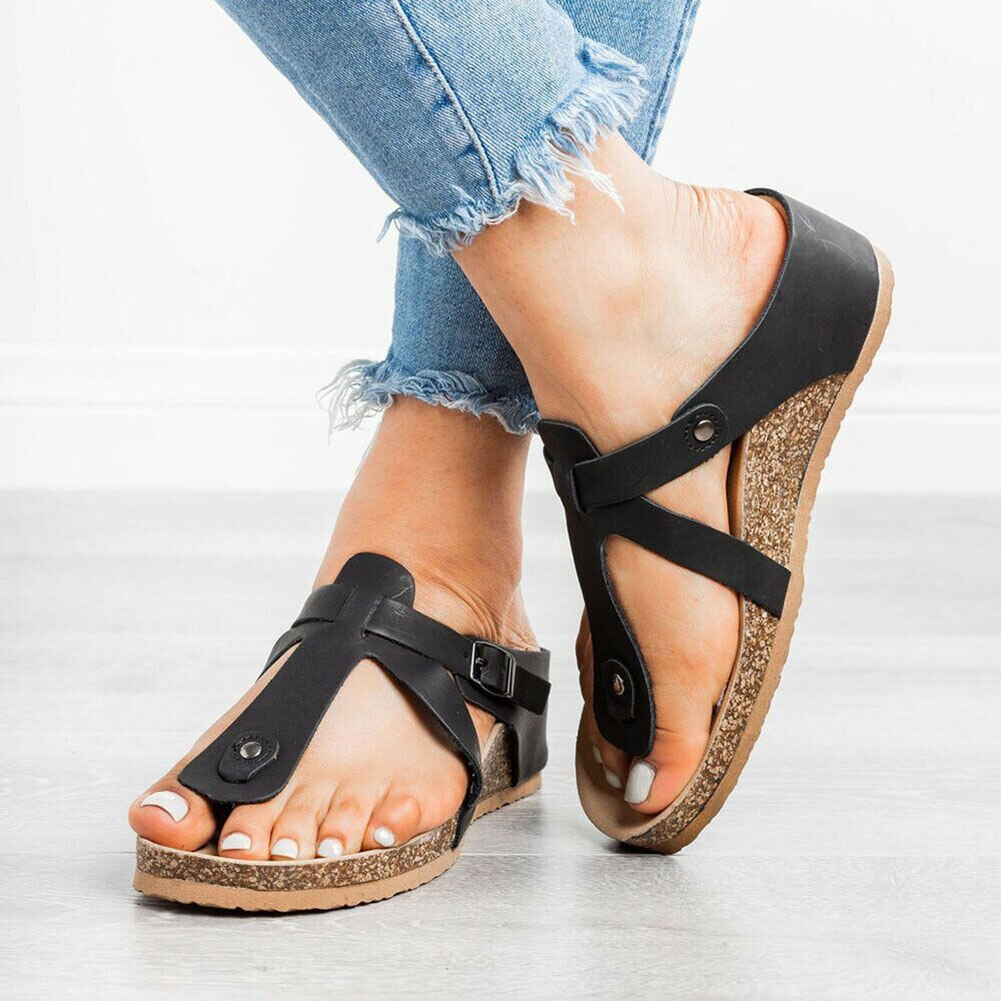 Women Summer T-Strap Cork Sandals Soft Footbed Sandals Shoes Women Slippers Flat Sole Casual Soft Big Toe Foot Sandal