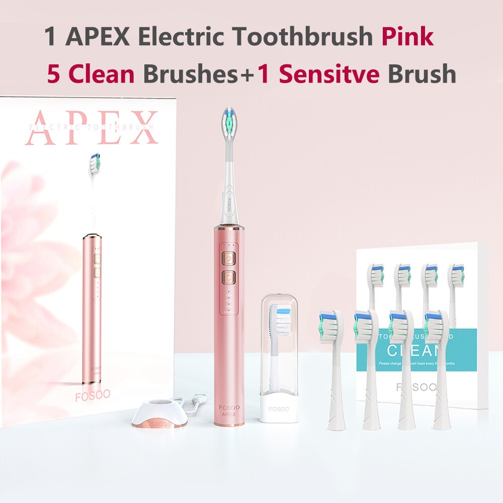 FOSOO – brosse à dents électrique sonique APEX 42000VPM, 2 Min, minuterie intelligente, autonomie de la batterie de 180 jours, 4 Modes de nettoyage, 2 têtes de brosse roses: PN Clean