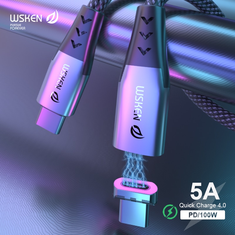 WSKEN 5A magnetyczne rodzaj USB C robić USB C kabel robić macbooka zawodowiec 100W PD magnetyczna ładowarka USB-C typu C przewód zasilający dla Huawei kabel robić transmisji danych