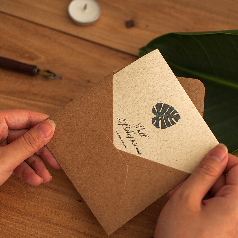 1 unidad de sobres creativos con de hojas verdes, tarjetas de felicitación, invitación, boda, gracias, cumpleaños, tarjeta de papel Kraft