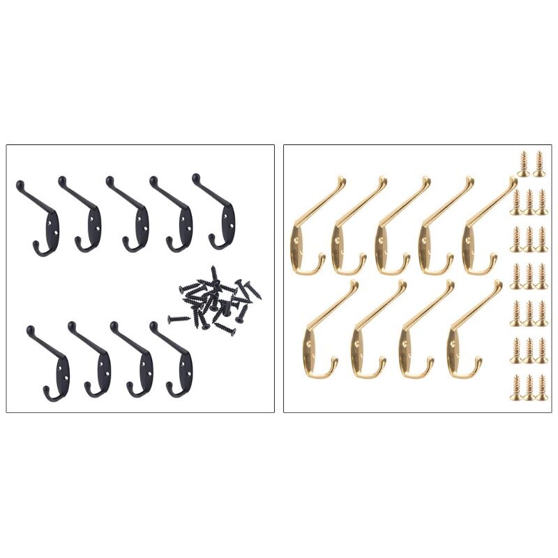 9 Pack Coat Hooks Wall HooksHeavy Duty Wall Mounted for Hat Hardware Dual Prong Retro Coat Hanger with 20 Screws（Black/Gold）