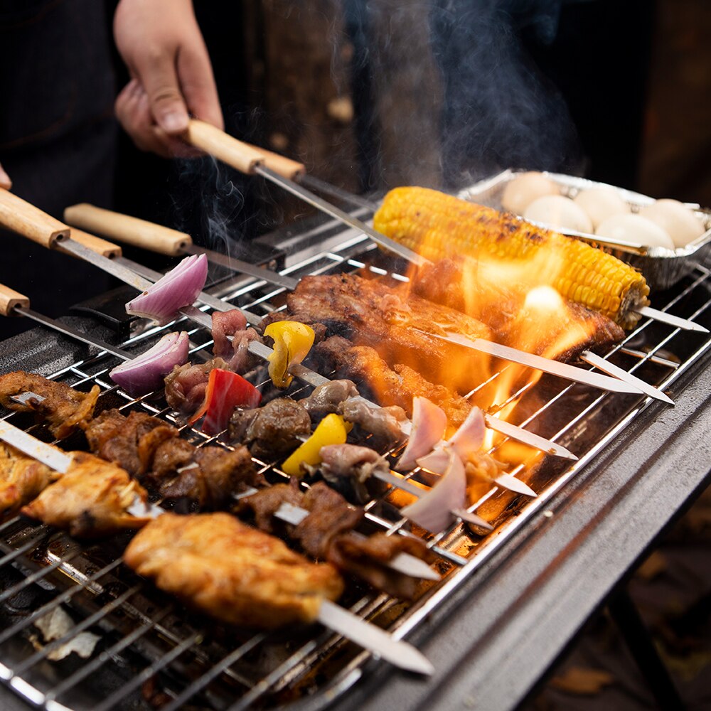 Wak Outdoor 8Pcs Bbq Spiesjes Gereedschap Polijsten Houten Handvat Grill Roosteren Sticks 43.5Cm Camping Bbq Gereedschap Set Opslag tas Kiit