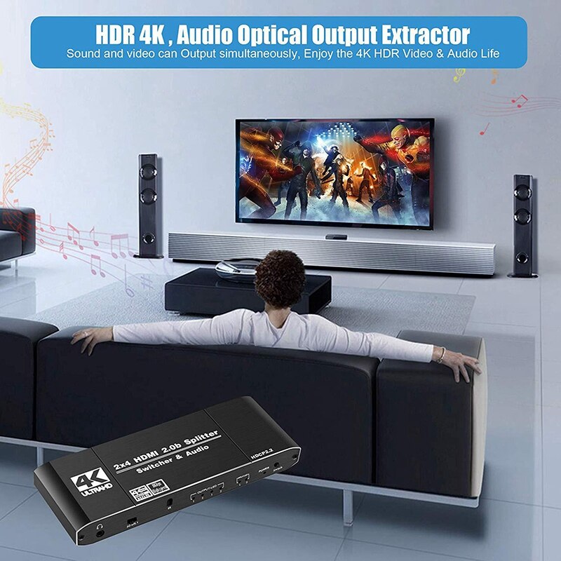 HDMI Matrix 4X2 4K HDR Switch Splitter 4 in 2 Out Optical o Extractor HDMI Switcher with Remote Controller(EU Plug)