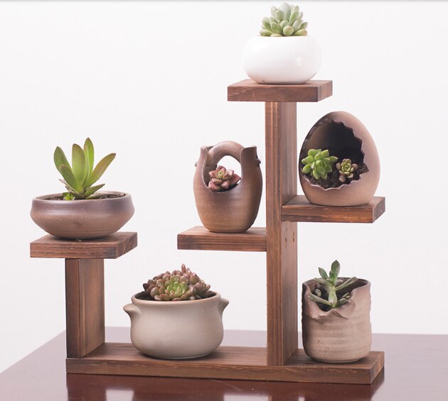 Gør det selv-samle massivt træ karnap sukkulent blomsterhylde flerlags indendørs stue skrivebord lille blomsterstativ altan stativ: Brun farve hylde