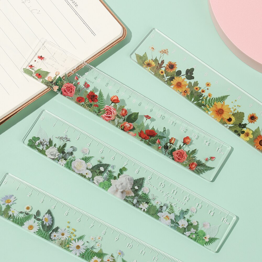 15cm Daisy Rose Acrylic Ruler Multifunction DIY Drawing Tools Student Flower Rulers Double-duty School Office Supplies