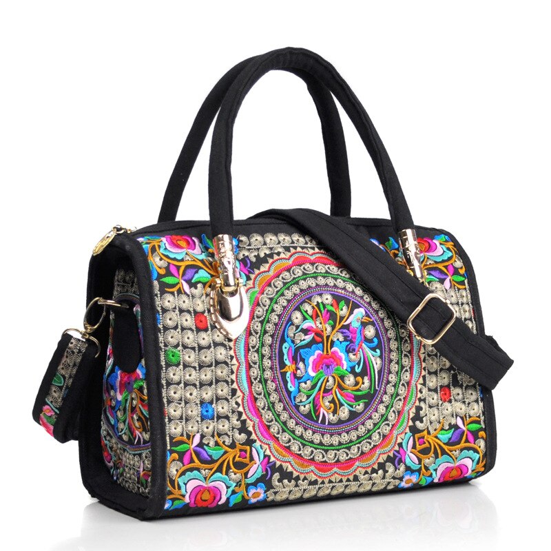 Veowalk-Bolso de mano bohemio para mujer, bolsa de lona bordada con flores, Estilo Vintage, Casual, étnico, para compras, con cremallera, bolso de viaje: Model 1