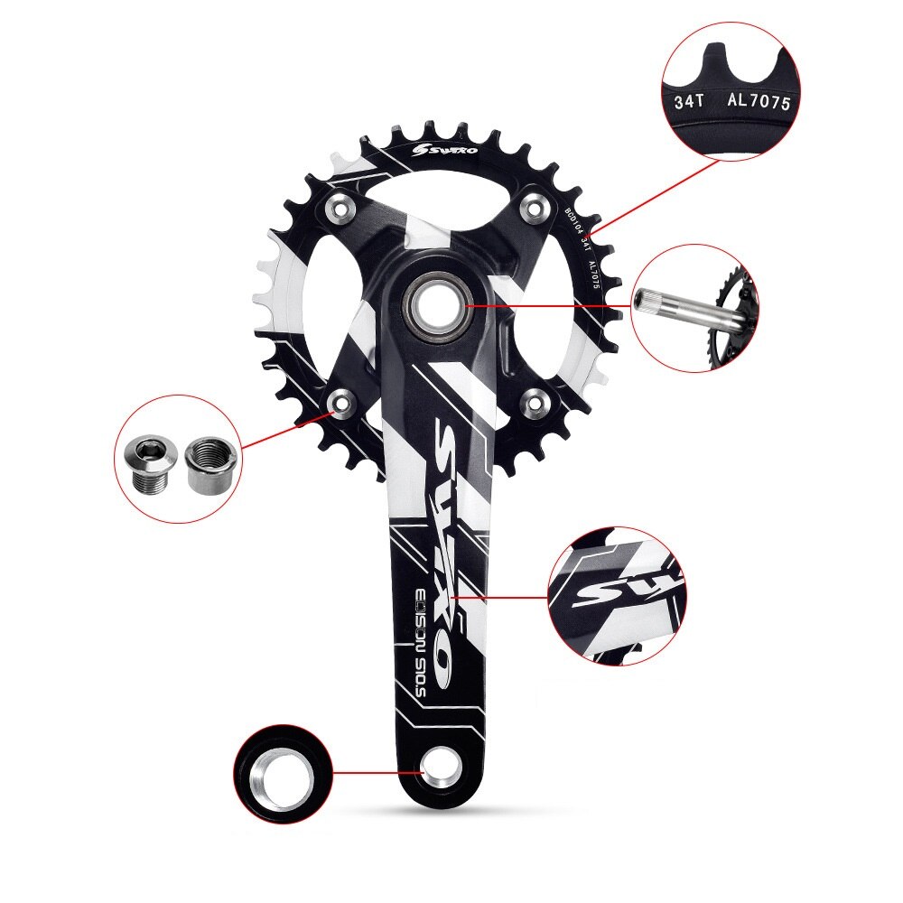 Fiets crankstel 170mm 104 bcd mtb fiets crank smal breed kettingblad 32/34/36/38t met trapas fiets crank tandwiel onderdelen