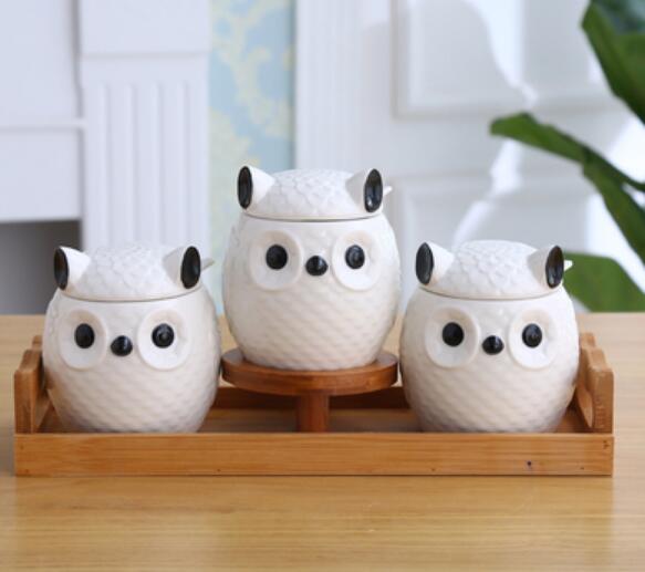 Schattige uil keuken keramische kruidenpot witte minimalistische uil thuis opbergfles: 3 flessen en houder