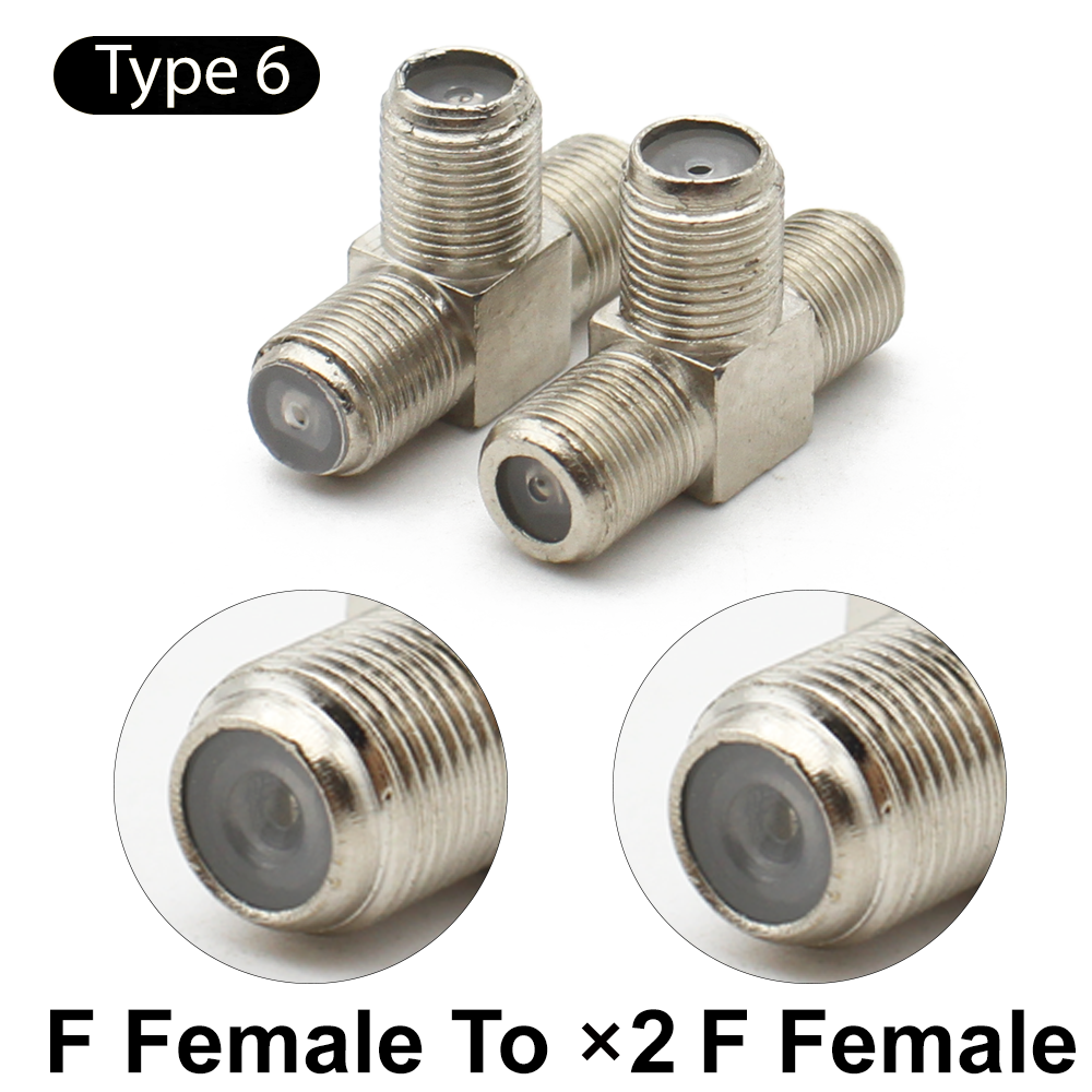 F tv aérea f macho fêmea adaptador ângulo reto rf conector coaxial 3way tipo t divisor cabo antena f combinação: Marrom