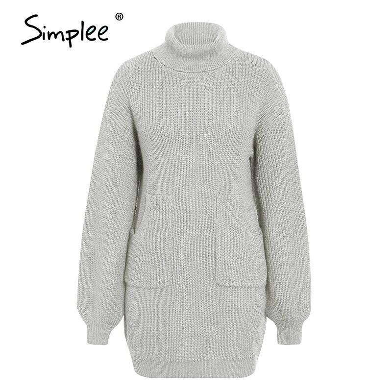 Simplee Casual turtleneck women sweater dress Autumn winter knitted dress with pockets lantern sleeve female sweater dress: Gray / M